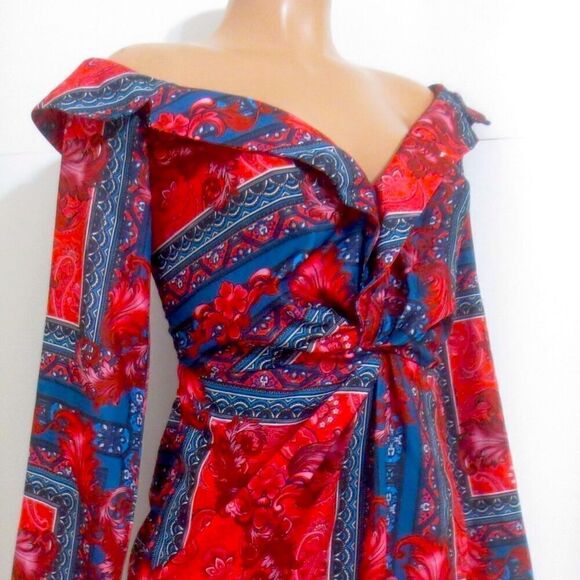 PrettyLittleThing Multi Paisley Bardot Knot Detail Blazer Dress NWT - Picture 7 of 12